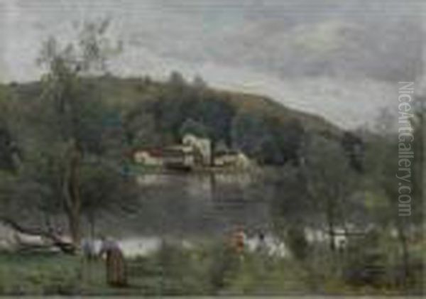 Ville D'avray, Pecheurs Au Bord Des Etangs Oil Painting by Jean-Baptiste-Camille Corot