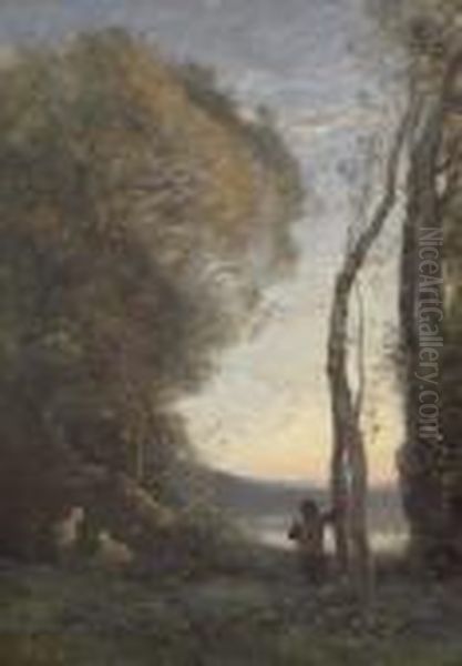 Berger Italien A Pied D'une Grand Arbre Oil Painting by Jean-Baptiste-Camille Corot