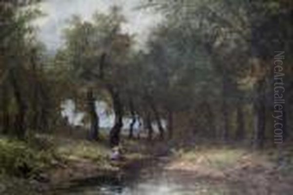 Figure By A Woodland Pool Oil Painting by Jean-Baptiste-Camille Corot