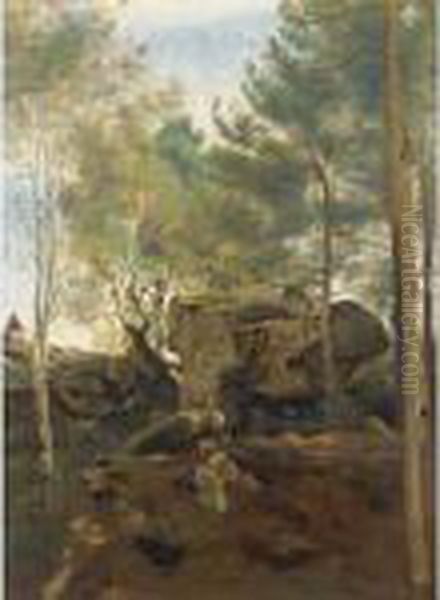 Fontainebleau. Pins Et Bouleaux Dans Les Rochers Oil Painting by Jean-Baptiste-Camille Corot