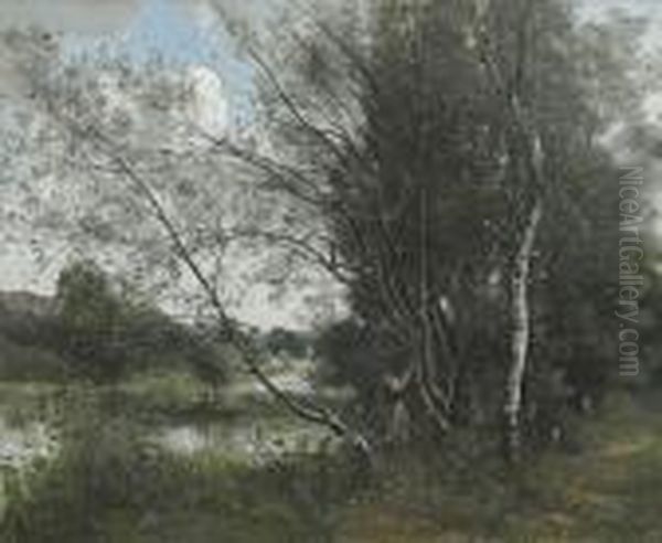 Ville-d'avray, L'etang A L'arbre Penche Oil Painting by Jean-Baptiste-Camille Corot