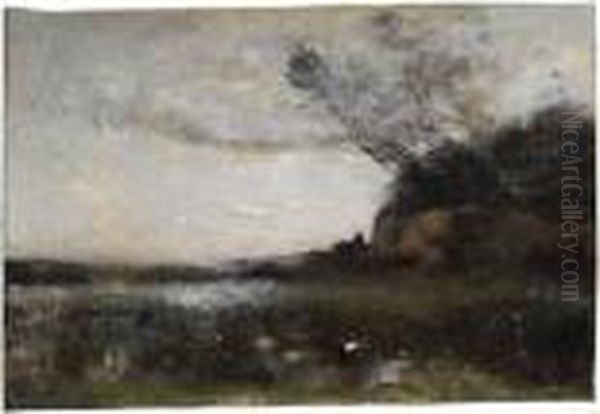 Une Tour Au Loin. Effet Dusoir Oil Painting by Jean-Baptiste-Camille Corot