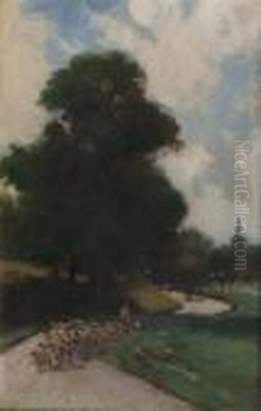 A Flock Of Sheep On A Country Lane With A Church Spire In The Background Oil Painting by Jean-Baptiste-Camille Corot