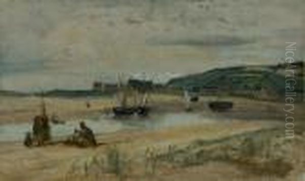 Plage De Sable Avec Bateaux Et Pecheurs, Sainte-adresse. Oil Painting by Jean-Baptiste-Camille Corot