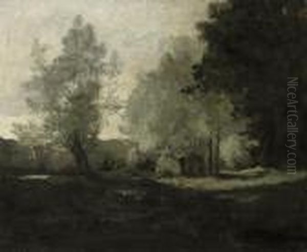 A Wooded Landscape Oil Painting by Jean-Baptiste-Camille Corot