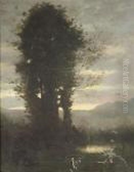 Landscape At Sunset Light. Oil/canvas/canvas. Traces Due To The Age, Rest Oil Painting by Jean-Baptiste-Camille Corot