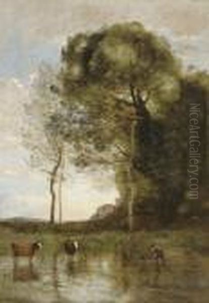 Bords D'etang Aux Deux Vaches, Souvenir D'italie Oil Painting by Jean-Baptiste-Camille Corot