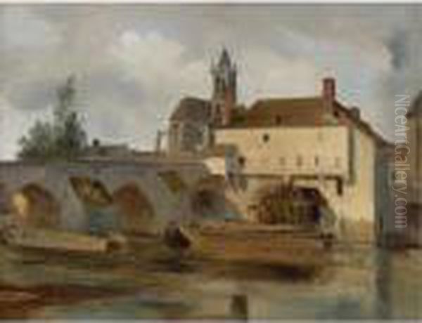 Moret Sur Loing, Le Pont Et L'eglise Oil Painting by Jean-Baptiste-Camille Corot