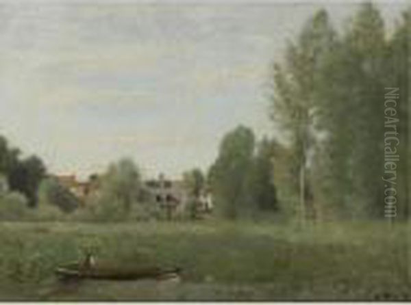 Environs De Mantes, Petites Habitations Cachees Dans Les Arbes Pres Du Bord De L'eau Oil Painting by Jean-Baptiste-Camille Corot