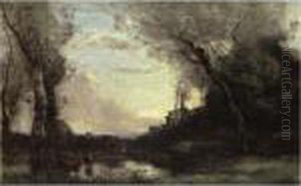 La Mare Aux Vaches A La Tombee Du Jour Oil Painting by Jean-Baptiste-Camille Corot