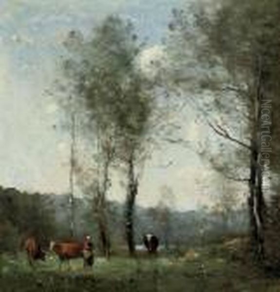 Ville D'avray, Gardeuse De Vaches Oil Painting by Jean-Baptiste-Camille Corot