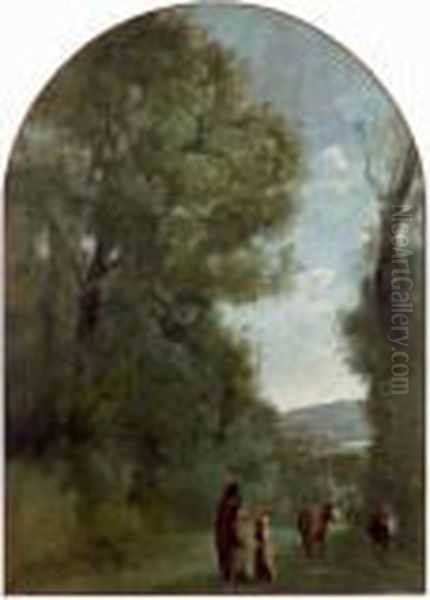 Allee Dans Le Bois De Ville-d'avray, En Vue De L'etang, Bucheronne Et Vachere Oil Painting by Jean-Baptiste-Camille Corot