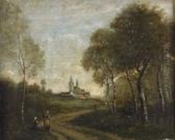 Bauerinnen Am Waldrand. Oil Painting by Jean-Baptiste-Camille Corot