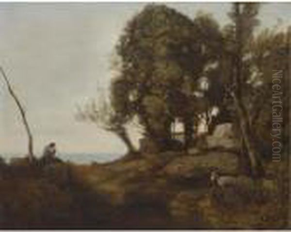 Le Chevrier Assis Dans La Clairiere Sur Une Roche Oil Painting by Jean-Baptiste-Camille Corot