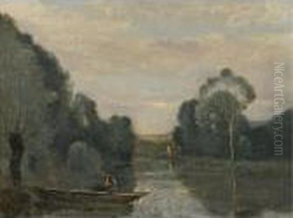 Grez-sur-loing, Pecheur En Barque, Le Matin Oil Painting by Jean-Baptiste-Camille Corot