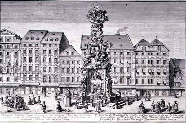 View of the Pestsaule the Plague Column commissioned by Emperor Leopold I to commemorate Viennas deliverance from the plague of 1679 devised by the Jesuits and executed by Matthias Rauchmiller Lodovico Burnacini and Johann Bernhard Fisher von Erlach Oil Painting by Salomon Kleiner