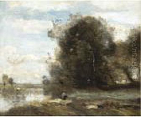 Le Pecheur A La Ligne. Souvenir Des Marais Du Nord Oil Painting by Jean-Baptiste-Camille Corot