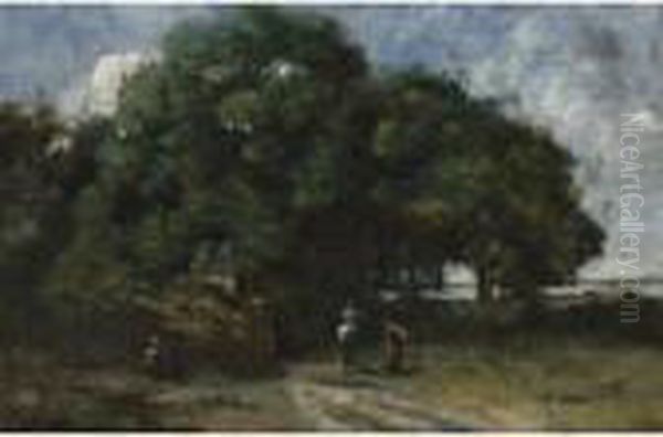 Route A L'entree D'un Bois Avec Un Cavalier Et Une Paysanne Oil Painting by Jean-Baptiste-Camille Corot