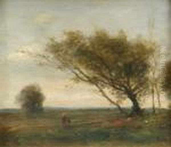 Follower Of 
Jean-baptiste-camille Corot Landscape With Two Figures And A Group Of 
Windswepttrees Oil Painting by Jean-Baptiste-Camille Corot