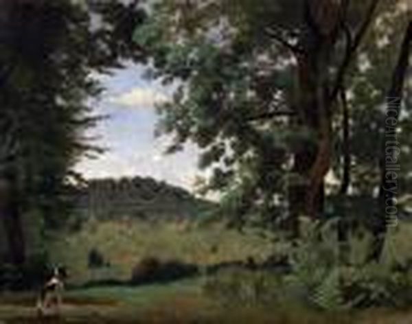 Fontainebleau, Chien En Clairiere De Foret Oil Painting by Jean-Baptiste-Camille Corot