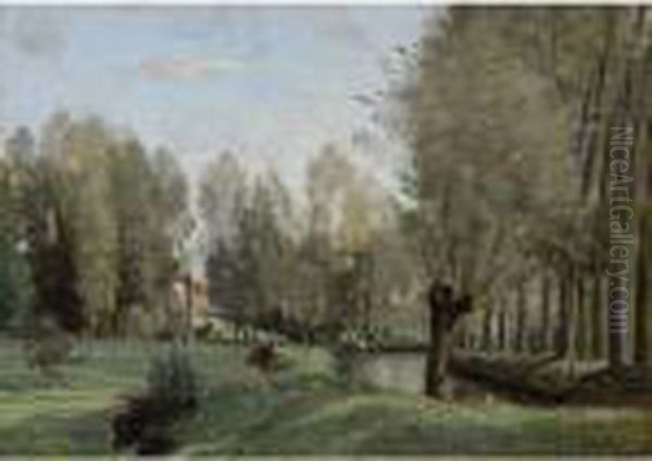 Le Printemps Pres D'arras, Au Bord De La Scarpe Oil Painting by Jean-Baptiste-Camille Corot