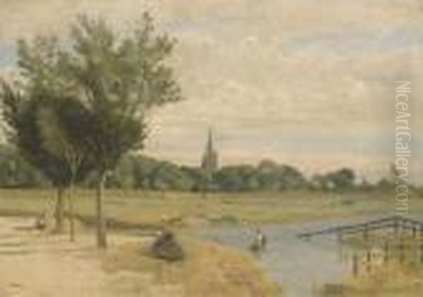 L'abreuvoir; Vue Prise Pres Des Remparts, Avec La Tour De La Lanterne, La Rochelle Oil Painting by Jean-Baptiste-Camille Corot