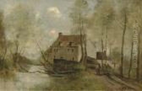 Planque, Pres Douai-le Moulin Brule Oil Painting by Jean-Baptiste-Camille Corot