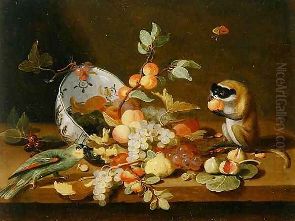 Grapes and Peaches Spilling from an Overturned Delft Bowl Oil Painting by Jan van Kessel