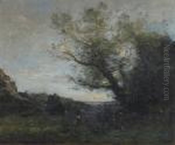 A Figure In A Wooded Landscape Oil Painting by Jean-Baptiste-Camille Corot