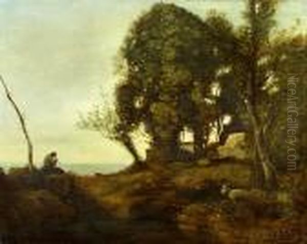 Le Chevrier Assis Dans La Clairere Sur Une Roche Oil Painting by Jean-Baptiste-Camille Corot