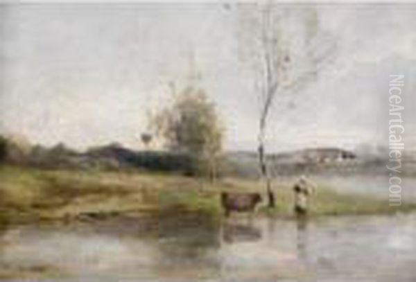 L'etang Au Bouleau Et A La Vachere Oil Painting by Jean-Baptiste-Camille Corot