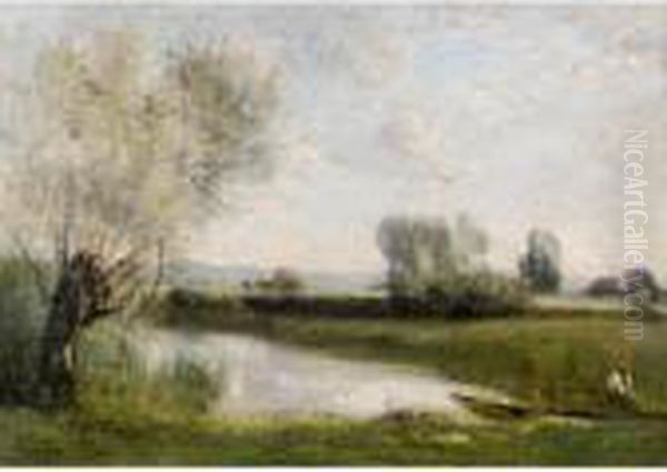 La Peche Et La Fenaison (environs De Ville-d'avray) Oil Painting by Jean-Baptiste-Camille Corot