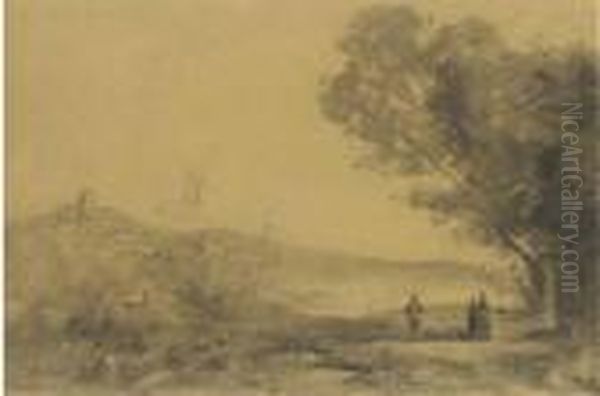 A Landscape With A Hilltown In The Background, Three Figures To Theright Oil Painting by Jean-Baptiste-Camille Corot