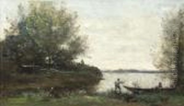 Le Pecheur Et Le Batelier Oil Painting by Jean-Baptiste-Camille Corot