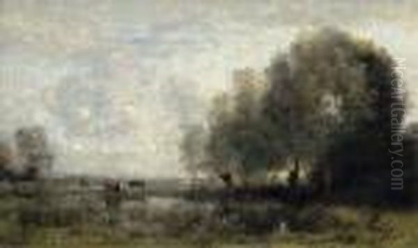 Vaches Au Paturage Aupres D'une Saulaie Oil Painting by Jean-Baptiste-Camille Corot