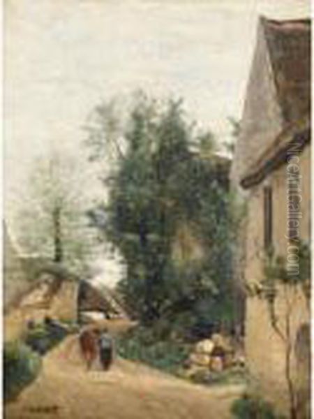 Auvers, Une Rue De Village Avec Une Paysanne Et Sa Vache Oil Painting by Jean-Baptiste-Camille Corot