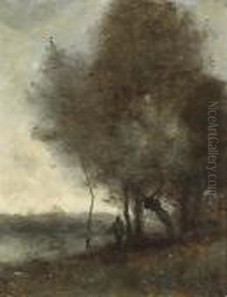 A River Landscape With A Figure Under A Tree Oil Painting by Jean-Baptiste-Camille Corot