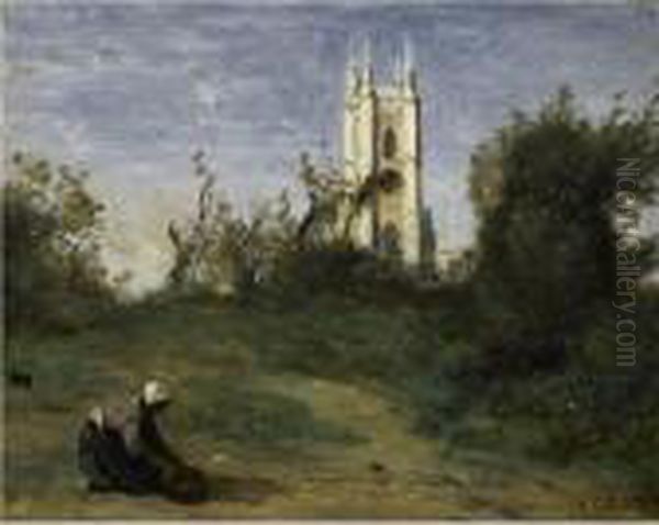 Paysage A La Tour Blanche, Souvenir De Crecy Oil Painting by Jean-Baptiste-Camille Corot