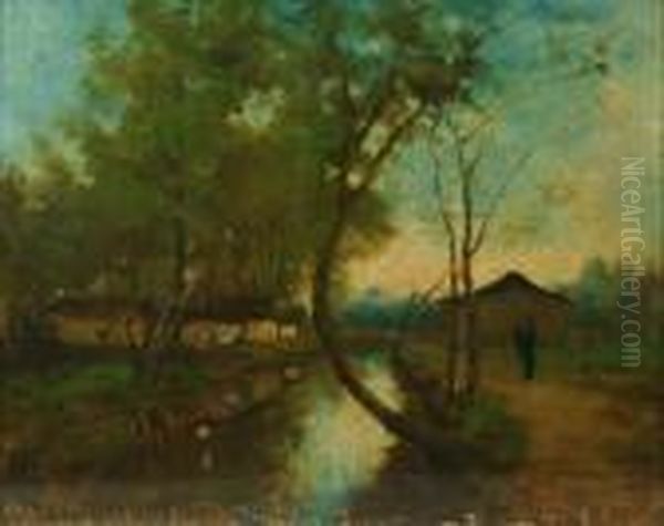 A Figure And Buildings On The Bank Of A River Oil Painting by Jean-Baptiste-Camille Corot