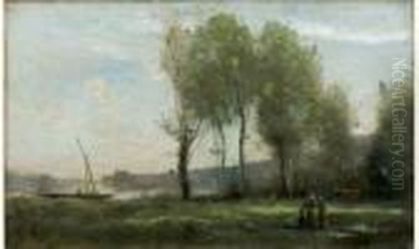 Prairie Au Bord De L'eau, Le Matin Oil Painting by Jean-Baptiste-Camille Corot