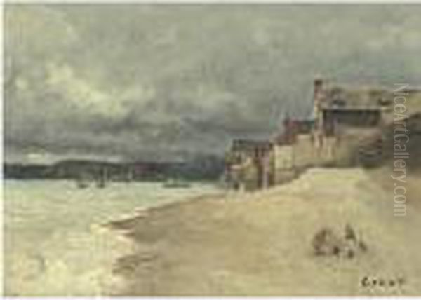 Maisons De Pecheurs Au Bord De La Mer Oil Painting by Jean-Baptiste-Camille Corot