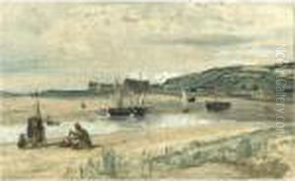 Plage De Sable Avec Bateaux Et Pecheurs (sainte-adresse) Oil Painting by Jean-Baptiste-Camille Corot