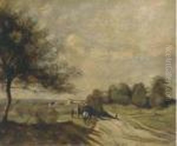 A Horse And Cart On A Country Road Oil Painting by Jean-Baptiste-Camille Corot