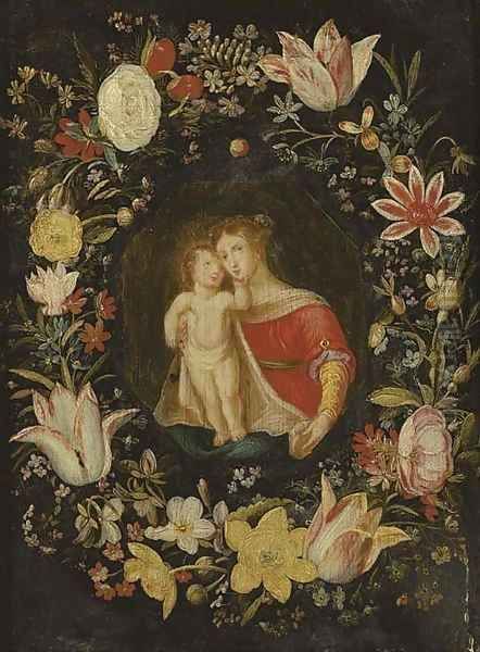 The Virgin and Child surrounded by a garland of flowers Oil Painting by Jan van Kessel