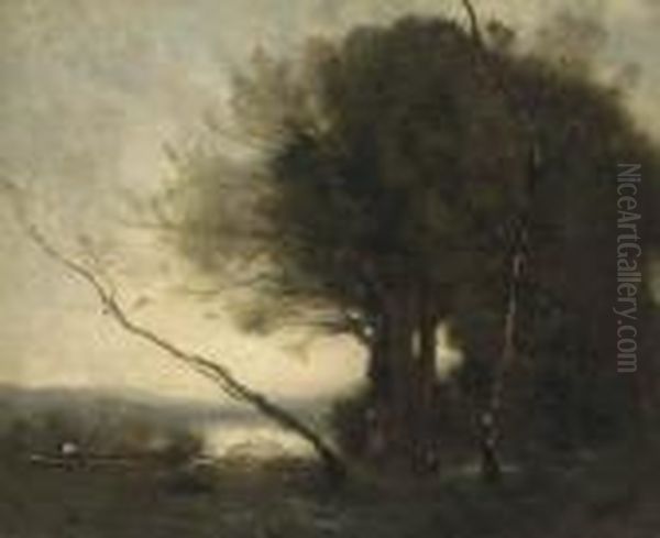 Figures Working In A Landscape, A Lake Beyond Oil Painting by Jean-Baptiste-Camille Corot