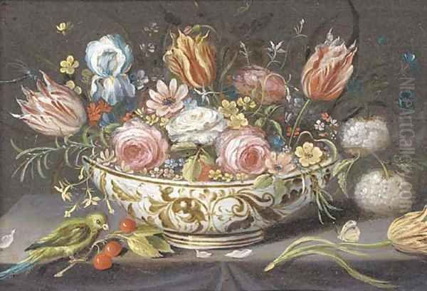 Carnations, roses, tulips and other flowers in a porcelain bowl on a ledge with a finch, cherries and a butterfly Oil Painting by Jan van Kessel