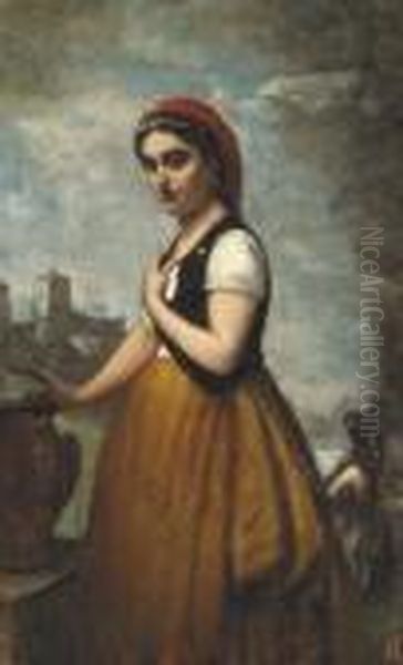 L'italienne A La Fontaine Oil Painting by Jean-Baptiste-Camille Corot