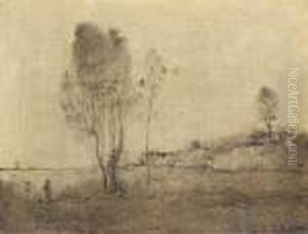 L'etang Aux Deux Arbres Oil Painting by Jean-Baptiste-Camille Corot