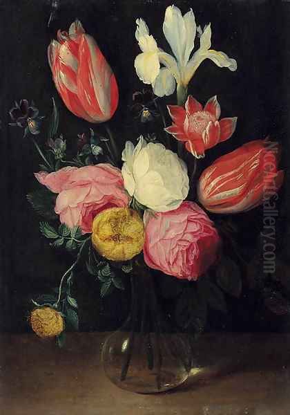 Roses, tulips, an iris, pansies and an anemone in a glass vase Oil Painting by Jan van Kessel