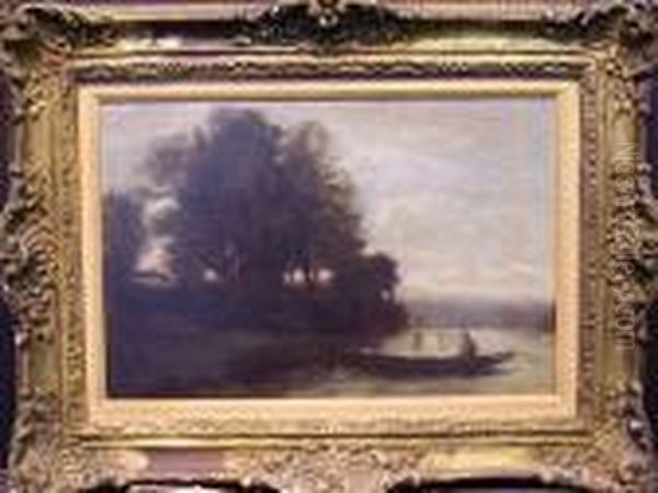 Riverscape With Punt Oil Painting by Jean-Baptiste-Camille Corot